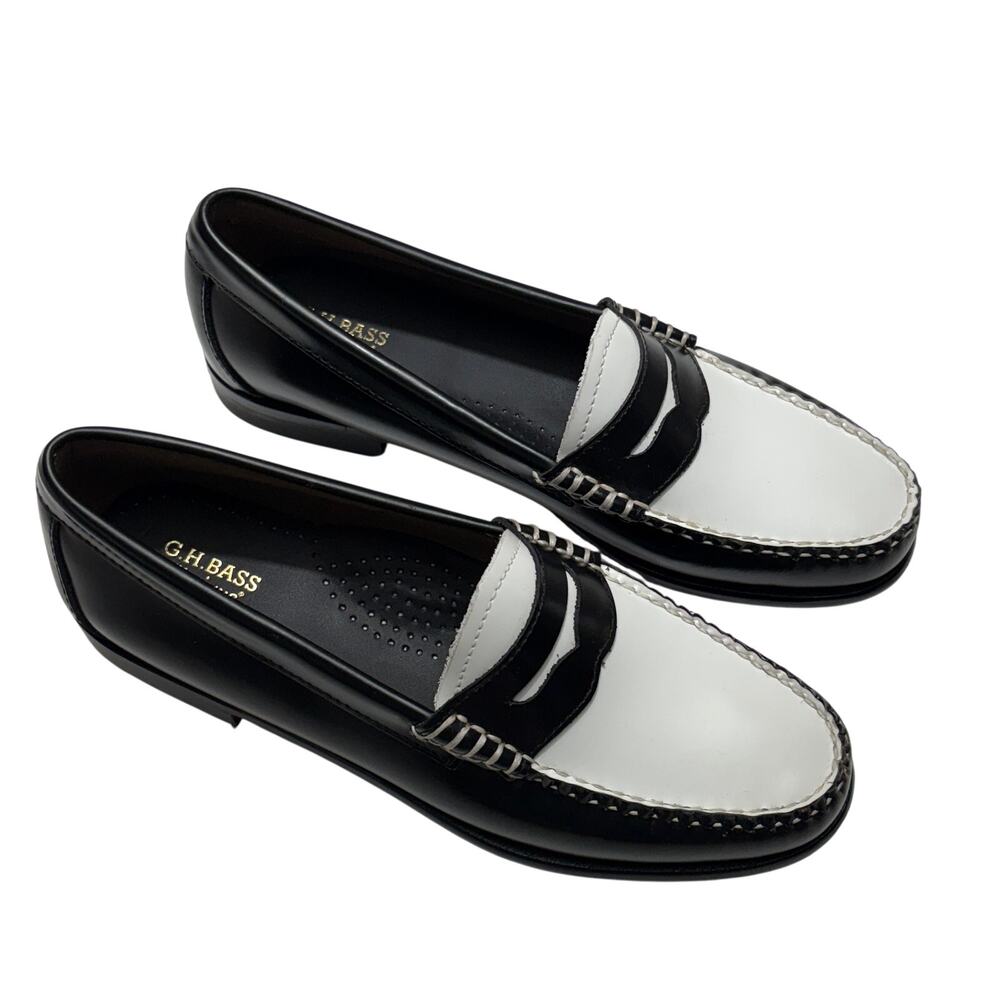 G.H. Bass WHITNEY WEEJUNS Penny Loafers in Black White Leather Size 8.5 $198 - Picture 3 of 13